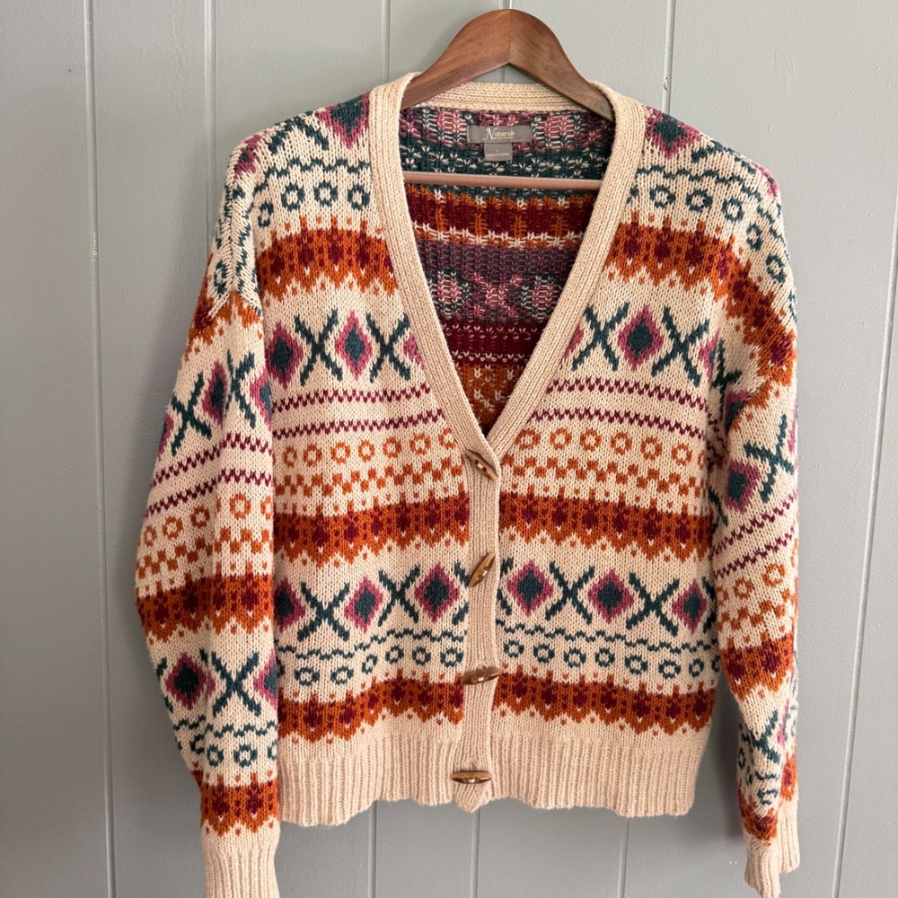 Fair Isle Cardigan Sweater Womens L Cream Southwestern Toggle Grandpa Style